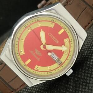 Vintage 1982 Citizen Automatic Mens Silver Watch W/daydate & Red accents